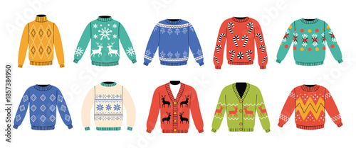 Cute Winter Warm Knitted Sweaters Set with Christmas Festive Ornaments, Deer, Snowman and Spruce, Cartoon Vector Wool Knitting Winter Clothes
