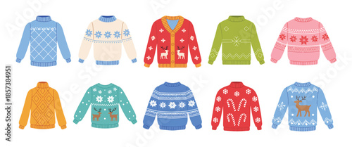 Cute Winter Warm Knitted Sweaters Set with Christmas Festive Ornaments, Deer, Snowman and Spruce, Cartoon Vector Wool Knitting Winter Clothes