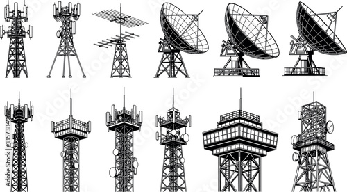 Set of telecommunication towers and satellite dishes for radio transmission cellular network signal broadcasting antenna technology equipment icons and vector illustrations