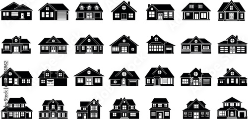 Set of twenty eight black silhouette house icons with various architectural styles for real estate marketing residential property and home construction