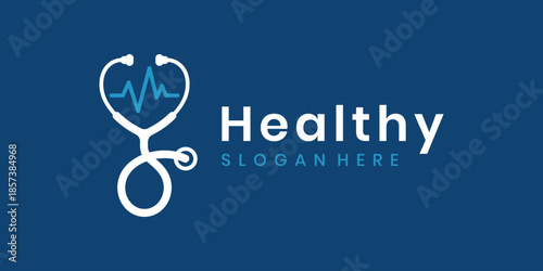 Healthy medical stethoscope logo with heartbeat line