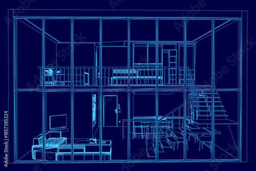 Architectural blueprint of a loft interior, featuring a prominent staircase and detailed living room contour. The technical drawing reveals clean lines and open floor plan concepts.