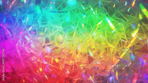 Vibrant abstract prismatic glass texture background featuring light refraction effects with a rainbow multicolor gradient