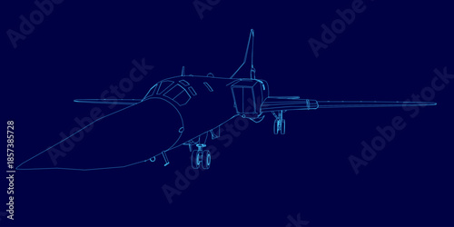 Detailed blue contour drawing of a military fighter jet, featuring a defined wingspan and clear tail fins on a solid blue background.