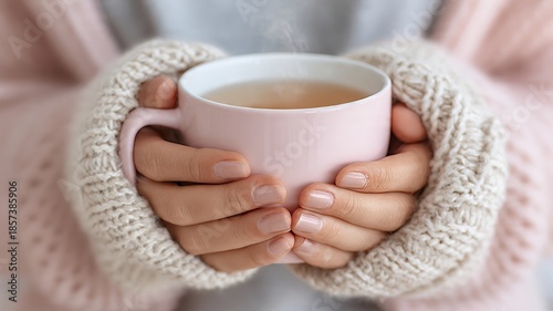 Cozy Moment with Steaming Hot Drink: Hands in Knitted Sweater Holding a Pink Mug of Tea