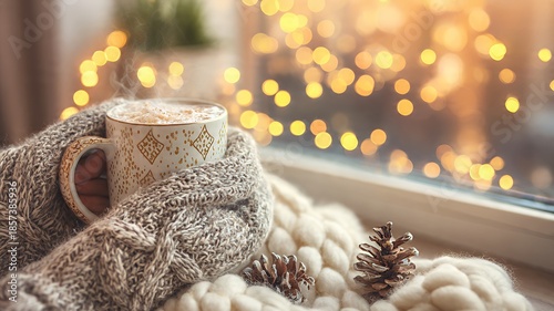 Cozy Winter Moment with Steaming Hot Drink, Knitted Blanket, and Warm Bokeh Lights