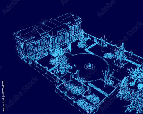 A grand mansion blueprint features a central garden with trees and a winding trail, all set against a deep blue background.