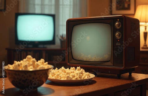 Retro television set with popcorn bowls on table. Classic TV screen shows static or test pattern. Cozy home entertainment, movie night or binge watching setup.