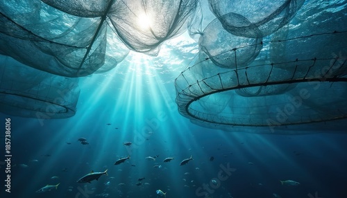 Massive underwater fish farm cages float in deep blue ocean. Sunlight rays pierce water surface illuminating school of fish swimming below. Marine aquaculture industry structure provides sustainable