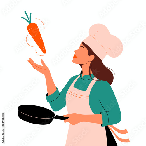 A confident female chef skillfully tosses a carrot in the air while holding a frying pan, portraying culinary expertise and the joy of cooking in a modern kitchen setting.