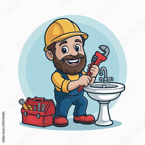 A cheerful plumber in a hard hat holds a wrench while fixing a sink, representing skilled trades, home services, and the importance of plumbing in daily life.