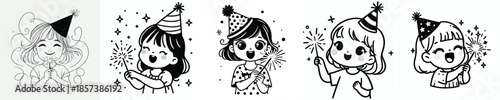 vector half body of a little girl lighting small fireworks(sparkle) on New Year