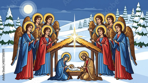 Angels Worshiping Holy Family in Manger on Snowy Night