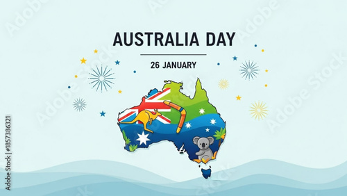 Celebrating Australia Day: Vibrant artwork features the Australian map with its flag, a playful koala, and symbolic elements, honoring the national day of the country. 