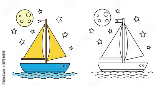 Sailboat at night coloring page vector illustration with moon and stars including black and white outline version