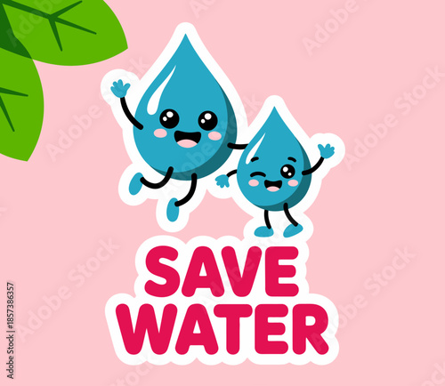 This fun illustration features cute water droplets with joyful expressions, cheerfully advocating for water conservation, capturing the playful spirit and importance of saving our precious resources.