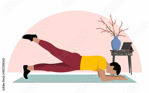 A person demonstrates a plank pose with one leg raised, emphasizing core strength and stability. This exercise is perfect for home workout routines or fitness training.
