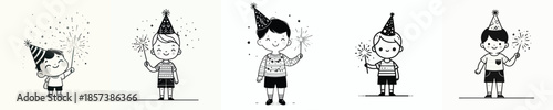 vector full body of a little boy stand lighting small fireworks(sparkle) on New Year
