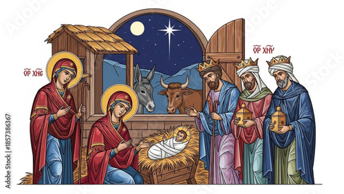 A Sacred Nativity Scene: This image portrays the biblical nativity scene, featuring the holy family and the three wise men, evoking a sense of reverence and spiritual significance.