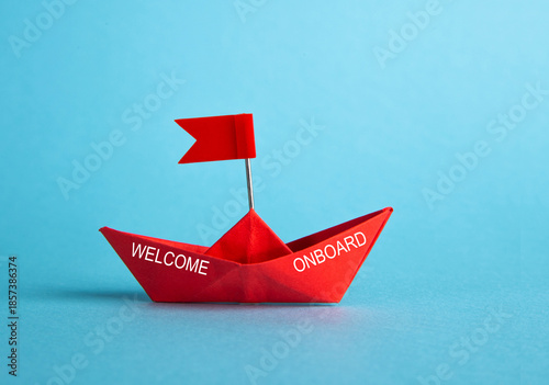 Εκτύπωση καμβά Red paper boat welcoming new employee onboarding concept