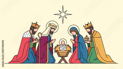 Nativity Scene: A depiction of the nativity scene, featuring the holy family and the three wise men, rendered with a simple yet elegant illustrative style.