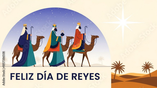 Three Wise Men: A festive depiction of the three wise men, resplendent in vibrant attire, traversing the desert landscape on their camels under the guidance of a bright star.