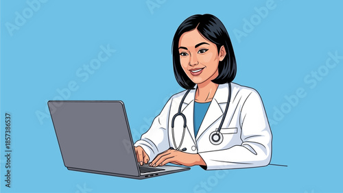 Vector Hispanic latin female doctor make online video call consult patient on laptop. Medical assistant young woman therapist videoconferencing to web camera. Telemedicine concept.