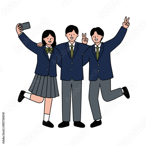Happy Group of Asian High School Students Taking Selfie with Smartphone Camera Together, Friendship and Youth Concept, Isolated on White Background Flat Illustration Vector