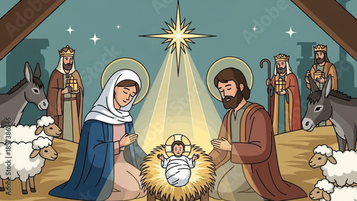 Nativity Scene: Illustrating the holy nativity scene with Mary, Joseph, baby Jesus, and the Three Wise Men in a cartoon-style illustration.