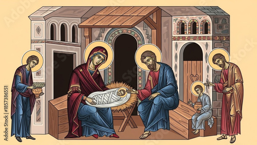Nativity Scene Depiction: A serene depiction of the Nativity, showcasing the birth of Jesus, with Mary, Joseph, angels, and the baby Jesus at the center of the scene. The scene exudes peace.