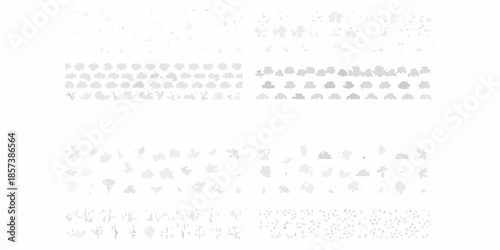 Abstract grayscale image featuring scattered symbols and shapes on a white background