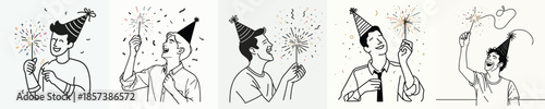 vector half body of a man lighting small fireworks (sparkles) on New Year's