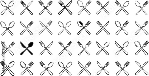 Food  Dining Industry Cutlery Icons - Black  White Line Art Set of Crossed Forks, Knives, and Spoons for Restaurant, Kitchen, and Tableware Glyph Symbols and Outline Elements.