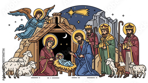 Christmas Nativity Scene: A depiction of the nativity scene, showcasing the birth of baby Jesus in a humble stable, surrounded by the holy family and the three wise men.