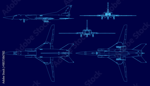 Distinct fighter jet blueprints align on a stark blue background. Each military aircraft contour displays unique wing, engine, and structural details in this technical set.