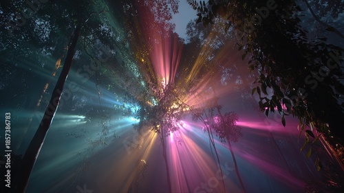 Colorful Light Rays Through Forest Canopy
