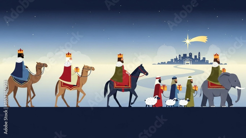 Pilgrimage to Bethlehem: A radiant scene depicts the procession of the three wise men, accompanied by their entourage, making their celestial journey towards the guiding star of Bethlehem.