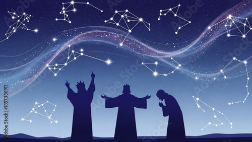 Celestial Reflection: Three figures, silhouetted against a night sky, marvel at the intricate constellations above. Reflecting on ancient wonders and human connection to the cosmos.