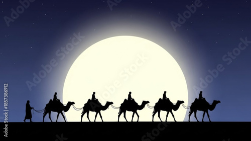 Journey Under the Moon: A caravan of camels traverses a vast desert under the ethereal glow of a full moon, silhouetted against the starry night, symbolizing a long travel.