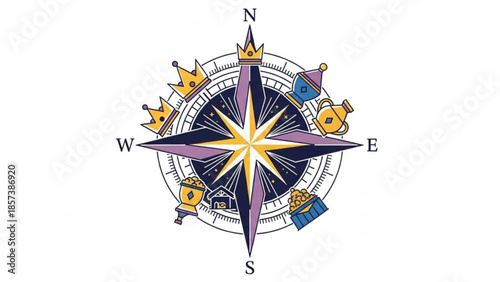 Royal Compass: A beautifully illustrated compass, adorned with regal crowns and treasure symbols, points the way toward adventure, discovery, and a journey filled with opportunities.