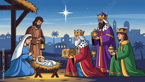 Sacred Birth and Royal Visit: A depiction of the nativity scene, capturing the essence of the holy night, with the baby Jesus, Mary, Joseph and the wise men.