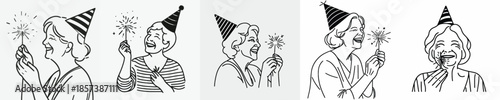 vector half body of a grandmother lighting small fireworks(sparkle) on New Year