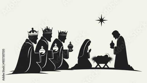Religious Tableau: A symbolic depiction of the nativity scene, capturing the essence of a sacred moment with wise men, a star, and the holy family.