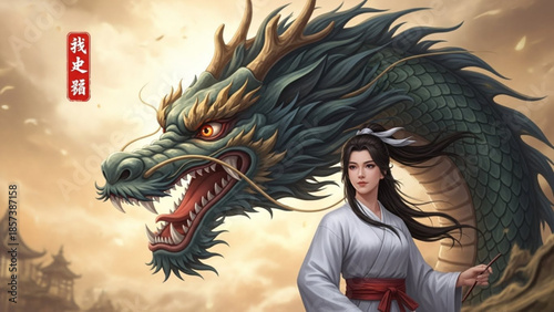 Celestial Bond: A graceful figure forms an ethereal connection with a majestic dragon against a vibrant, dreamlike backdrop. 