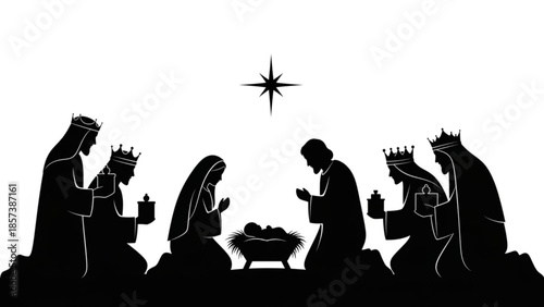The Nativity Silhouette: A serene silhouette captures the essence of the Nativity scene. Illustrating the figures of the Holy Family and the Three Wise Men in a moment of reverence.
