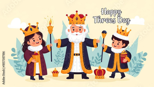 Three Kings Day Illustration: A charming illustration depicts the Three Kings, each crowned and holding symbolic objects, celebrating the holiday with a joyful spirit. 