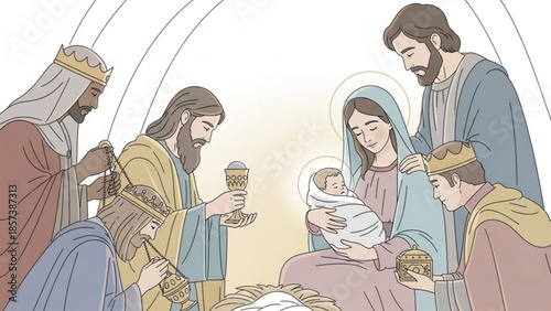 Sacred Birth: The scene depicts the revered moment of Jesus' birth, with Mary cradling the infant, surrounded by Joseph and the wise men bearing gifts, all set within a humble stable. 