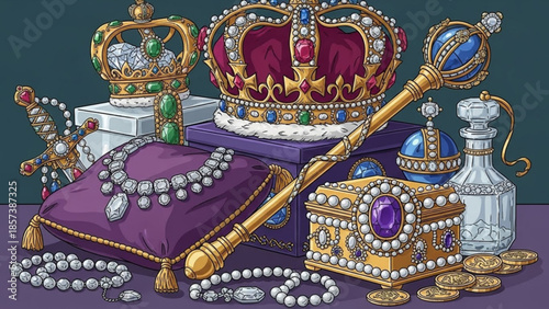 Royal Treasures Display: An exquisite collection of crowns, scepters, jewelry, and gold coins, evoking opulence and regality. 

