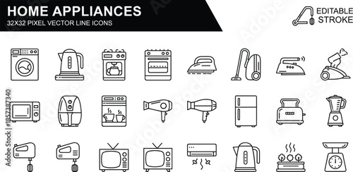 Home appliances line icon set with kitchen and household electronic devices editable stroke isolated on white background modern vector illustrationWeb
