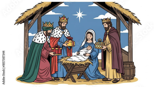 Christmas Nativity Scene: A depiction of the nativity scene, showcasing the holy family surrounded by wise men bearing gifts, all under a star-lit sky.